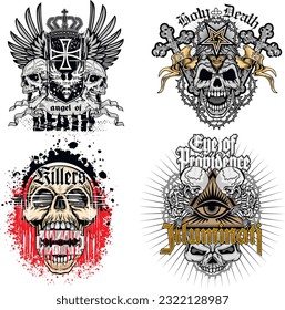 set, gothic sign with skull, grunge vintage design t shirts