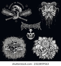 set gothic sign with skull, grunge vintage design t shirts