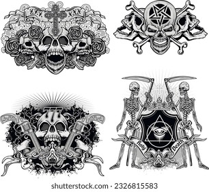 set, gothic sign with skull, grunge vintage design t shirts
