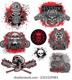 set, gothic sign with skull, grunge vintage design t shirts
