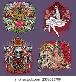 set, gothic sign with skull, grunge vintage design t shirts
