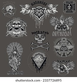 set, gothic sign with skull, grunge vintage design t shirts
