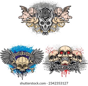 set, gothic sign with skull, grunge vintage design t shirts