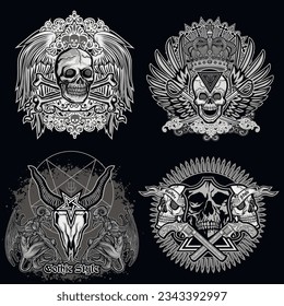 set, gothic sign with skull, grunge vintage design t shirts