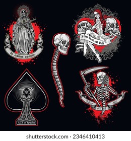 set gothic sign with skull, grunge vintage design t shirts