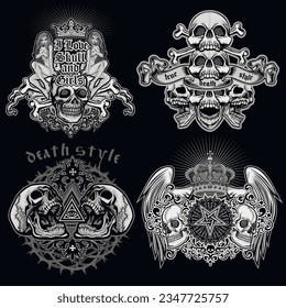 set gothic sign with skull, grunge vintage design t shirts