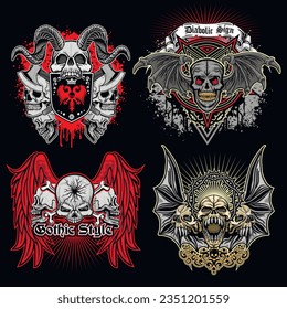 set, gothic sign with skull, grunge vintage design t shirts