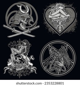 set, gothic sign with skull, grunge vintage design t shirts