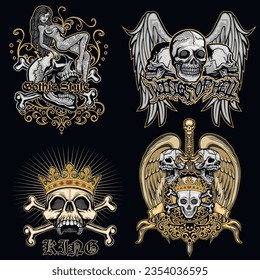 set, gothic sign with skull, grunge vintage design t shirts