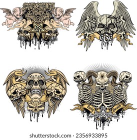 set gothic sign with skull, grunge vintage design t shirts
