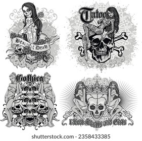 set gothic sign with skull, grunge vintage design t shirts

