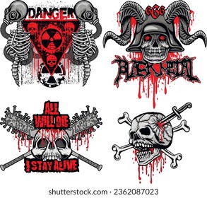 set gothic sign with skull, grunge vintage design t shirts
