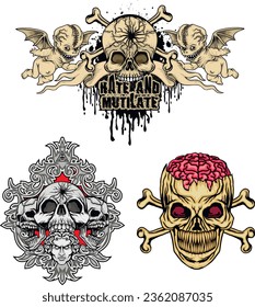 set gothic sign with skull, grunge vintage design t shirts
