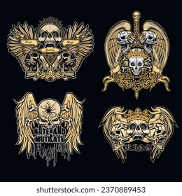 set gothic sign with skull, grunge vintage design t shirts