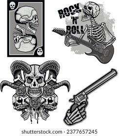 set gothic sign with skull, grunge vintage design t shirts
