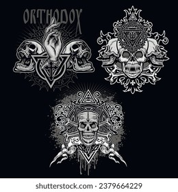 set gothic sign with skull, grunge vintage design t shirts

