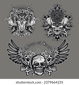 set gothic sign with skull, grunge vintage design t shirts
