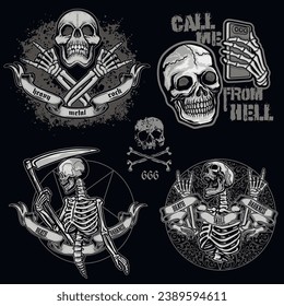 set gothic sign with skull, grunge vintage design t shirts