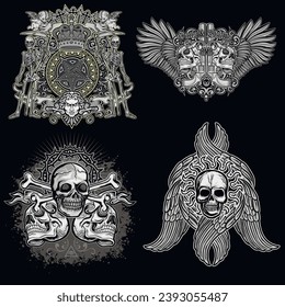 set gothic sign with skull, grunge vintage design t shirts
