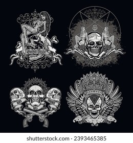set gothic sign with skull, grunge vintage design t shirts
