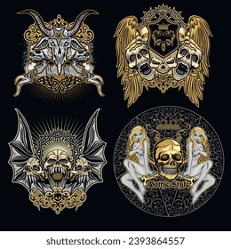 set gothic sign with skull, grunge vintage design t shirts
