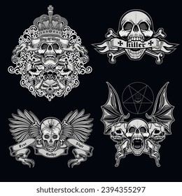 set gothic sign with skull, grunge vintage design t shirts
