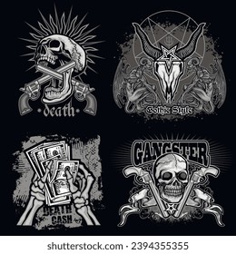 set gothic sign with skull, grunge vintage design t shirts
