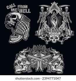 set gothic sign with skull, grunge vintage design t shirts
