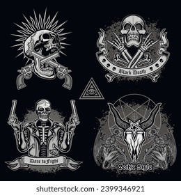 set gothic sign with skull, grunge vintage design t shirts