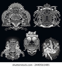 set, gothic sign with skull, grunge vintage design t shirts
