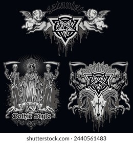 set, gothic sign with skull, grunge vintage design t shirts
