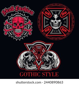 set, gothic sign with skull, grunge vintage design t shirts
