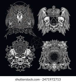 set gothic sign with skull, grunge vintage design t shirts