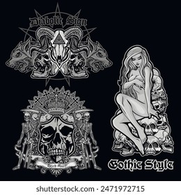 set gothic sign with skull, grunge vintage design t shirts