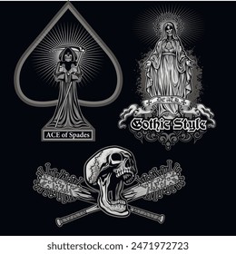 set gothic sign with skull, grunge vintage design t shirts