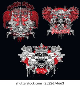 set, gothic sign with skull, grunge vintage design t shirts
