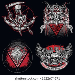 set, gothic sign with skull, grunge vintage design t shirts
