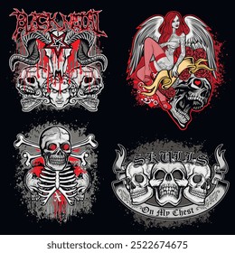 set, gothic sign with skull, grunge vintage design t shirts
