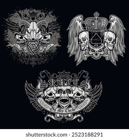 set, gothic sign with skull, grunge vintage design t shirts
