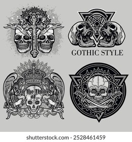set, gothic sign with skull, grunge vintage design t shirts