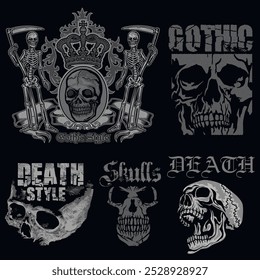 set, gothic sign with skull, grunge vintage design t shirts