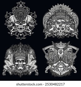set, gothic sign with skull, grunge vintage design t shirts
