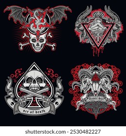 set, gothic sign with skull, grunge vintage design t shirts
