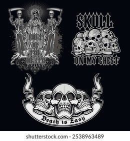 set, gothic sign with skull, grunge vintage design t shirts
