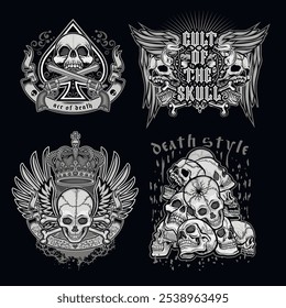 set, gothic sign with skull, grunge vintage design t shirts
