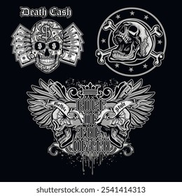 set, gothic sign with skull, grunge vintage design t shirts