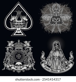 set, gothic sign with skull, grunge vintage design t shirts
