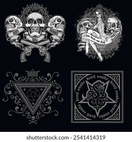 set, gothic sign with skull, grunge vintage design t shirts