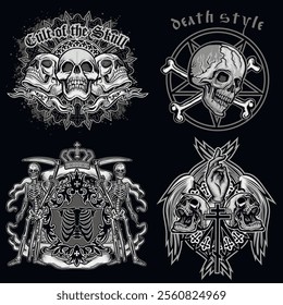 set, gothic sign with skull, grunge vintage design t shirts
