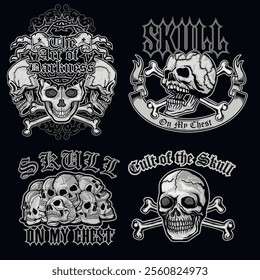 set, gothic sign with skull, grunge vintage design t shirts
